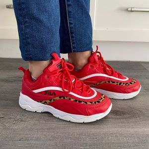 Red Fila Ray with leopard print detail
